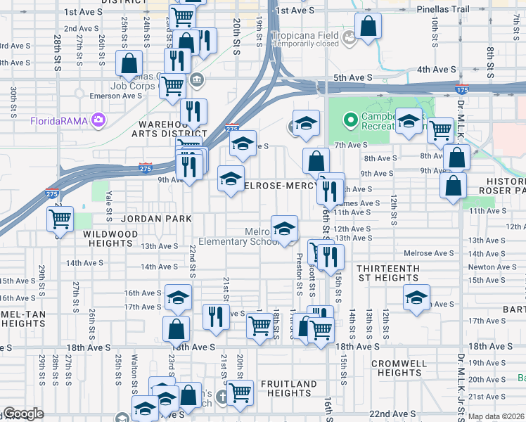map of restaurants, bars, coffee shops, grocery stores, and more near 1118 19th Street South in St. Petersburg
