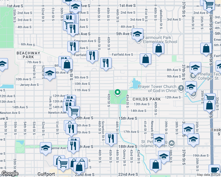 map of restaurants, bars, coffee shops, grocery stores, and more near 4373 11th Avenue South in St. Petersburg