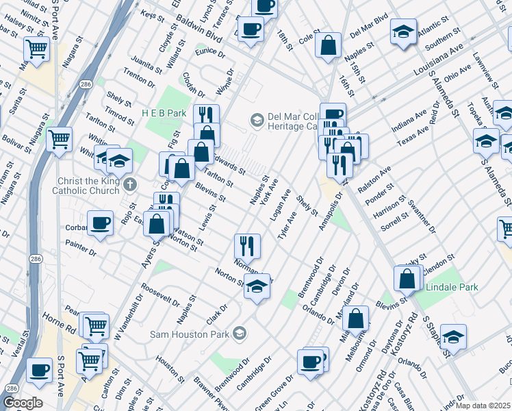 map of restaurants, bars, coffee shops, grocery stores, and more near 1241 Logan Avenue in Corpus Christi