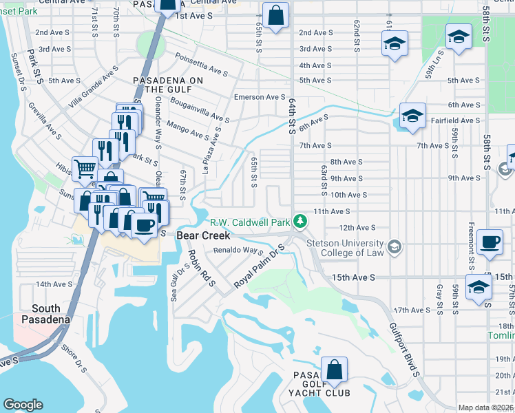 map of restaurants, bars, coffee shops, grocery stores, and more near 6429 Flamingo Way South in St. Petersburg