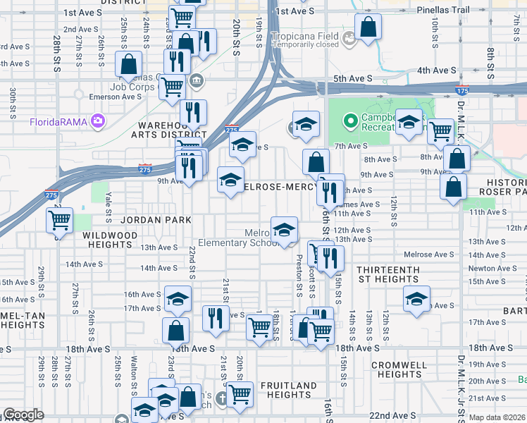 map of restaurants, bars, coffee shops, grocery stores, and more near 1118 19th Street South in St. Petersburg