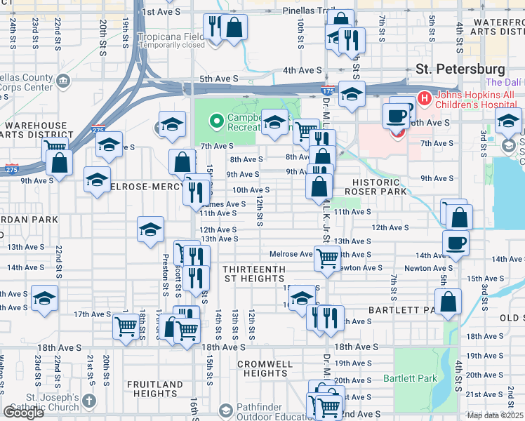 map of restaurants, bars, coffee shops, grocery stores, and more near 1145 11th Avenue South in St. Petersburg