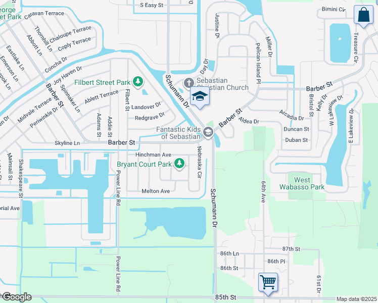 map of restaurants, bars, coffee shops, grocery stores, and more near 163 Nebraska Circle in Sebastian