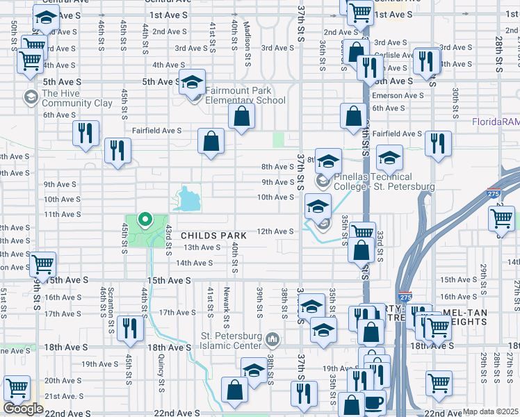 map of restaurants, bars, coffee shops, grocery stores, and more near 3922 11th Avenue South in St. Petersburg