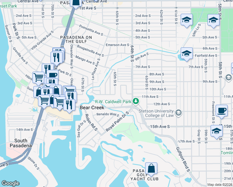 map of restaurants, bars, coffee shops, grocery stores, and more near 6429 Flamingo Way South in St. Petersburg