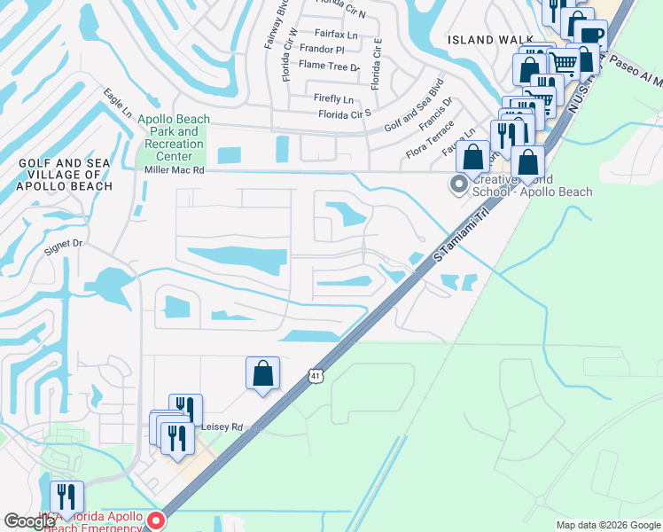 map of restaurants, bars, coffee shops, grocery stores, and more near 236 Shell Falls Drive in Apollo Beach