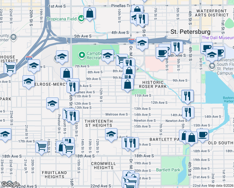 map of restaurants, bars, coffee shops, grocery stores, and more near 986 11th Avenue South in St. Petersburg