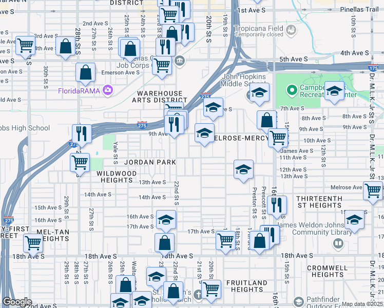 map of restaurants, bars, coffee shops, grocery stores, and more near 1120 Union Street South in St. Petersburg
