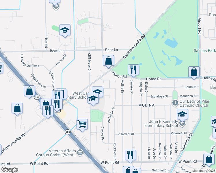 map of restaurants, bars, coffee shops, grocery stores, and more near 4206 Dryer Circle in Corpus Christi