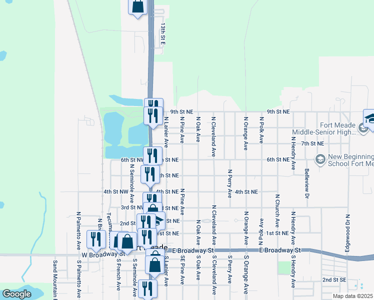 map of restaurants, bars, coffee shops, grocery stores, and more near 211 6th Street Northeast in Fort Meade