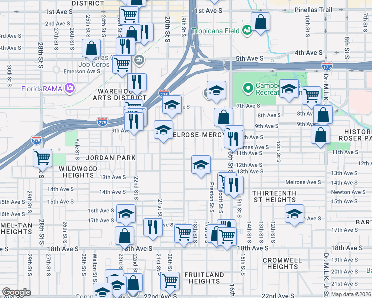 map of restaurants, bars, coffee shops, grocery stores, and more near 1118 19th Street South in St. Petersburg