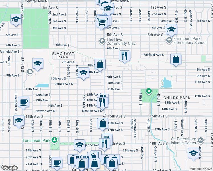 map of restaurants, bars, coffee shops, grocery stores, and more near 1100 49th Street South in Gulfport