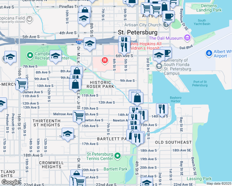 map of restaurants, bars, coffee shops, grocery stores, and more near 610 11th Avenue South in St. Petersburg