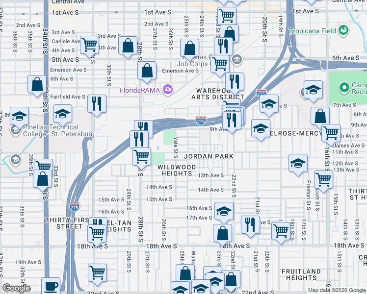 map of restaurants, bars, coffee shops, grocery stores, and more near 2548 11th Avenue South in St. Petersburg