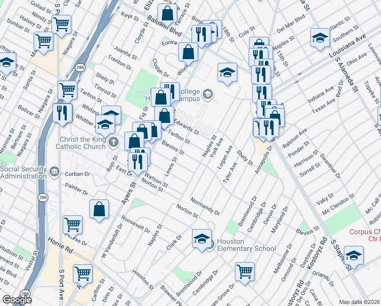 map of restaurants, bars, coffee shops, grocery stores, and more near 247 Blevins Street in Corpus Christi