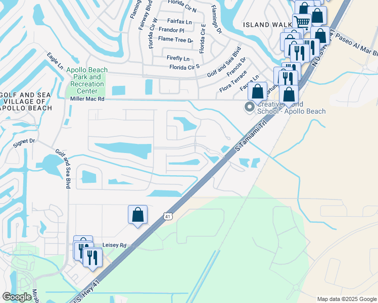 map of restaurants, bars, coffee shops, grocery stores, and more near 192 Shell Falls Drive in Apollo Beach
