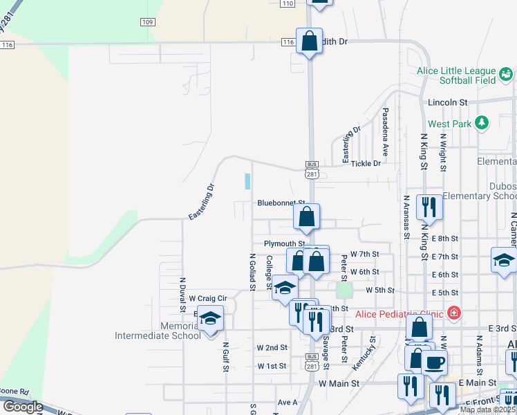 map of restaurants, bars, coffee shops, grocery stores, and more near 810 Bluebonnet Street in Alice