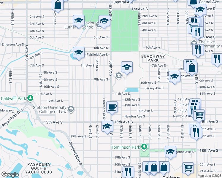 map of restaurants, bars, coffee shops, grocery stores, and more near 888-932 58th Street South in Gulfport