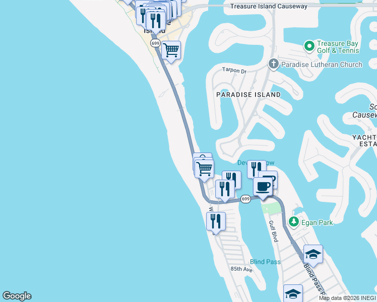 map of restaurants, bars, coffee shops, grocery stores, and more near 10042 Gulf Boulevard in Treasure Island