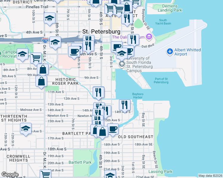 map of restaurants, bars, coffee shops, grocery stores, and more near 3rd Street South in Saint Petersburg