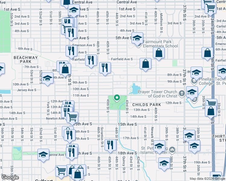 map of restaurants, bars, coffee shops, grocery stores, and more near 4395 10th Avenue South in St. Petersburg