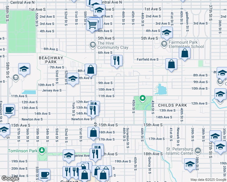 map of restaurants, bars, coffee shops, grocery stores, and more near 4634 9th Avenue South in St. Petersburg