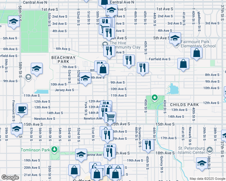 map of restaurants, bars, coffee shops, grocery stores, and more near 932 49th Street South in Gulfport
