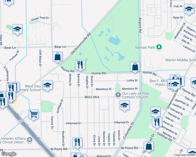 map of restaurants, bars, coffee shops, grocery stores, and more near 945 Horne Road in Corpus Christi