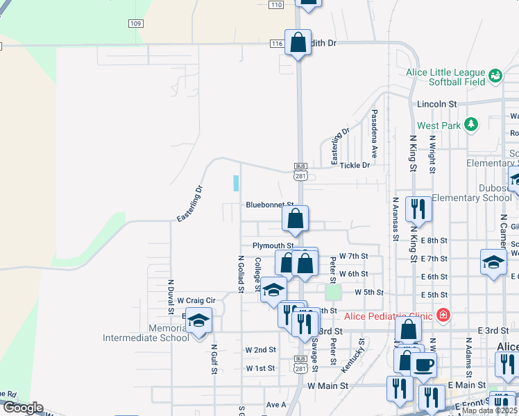 map of restaurants, bars, coffee shops, grocery stores, and more near 810 Bluebonnet Street in Alice