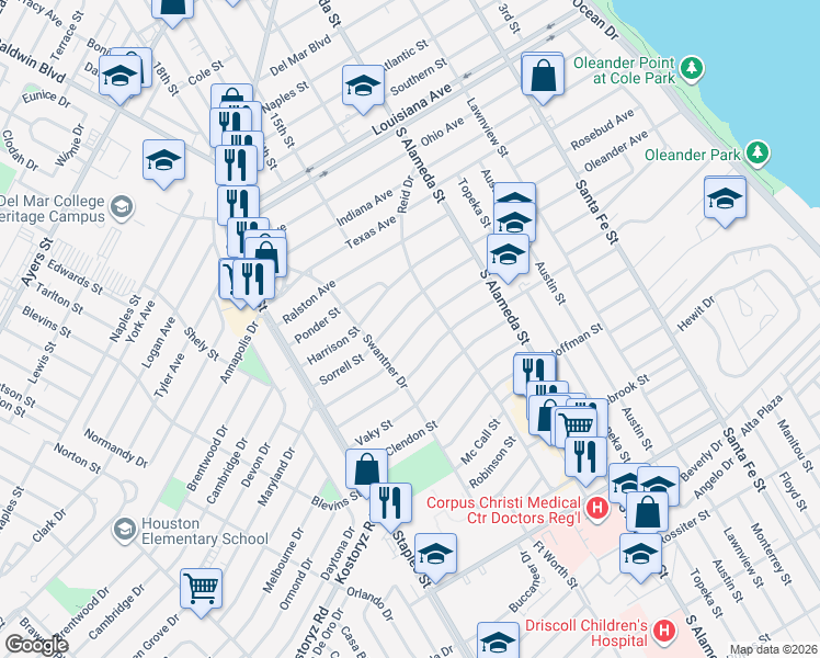 map of restaurants, bars, coffee shops, grocery stores, and more near 623 Sorrell Street in Corpus Christi