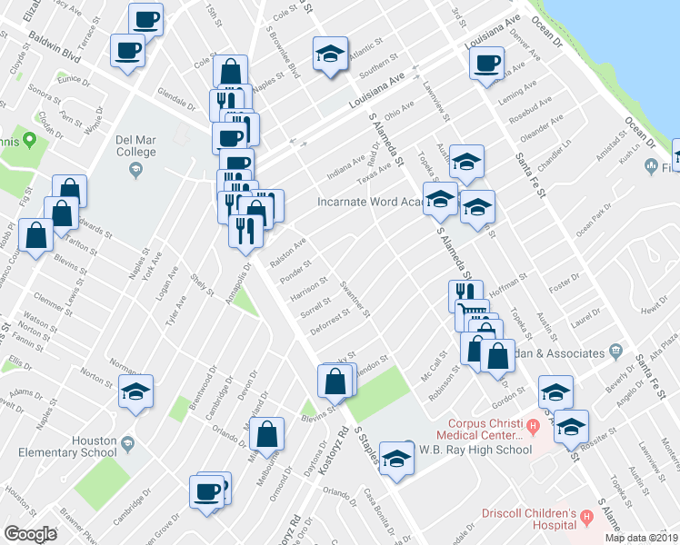 map of restaurants, bars, coffee shops, grocery stores, and more near 733 Harrison Street in Corpus Christi