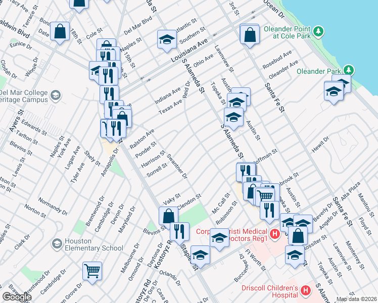 map of restaurants, bars, coffee shops, grocery stores, and more near 623 Sorrell Street in Corpus Christi