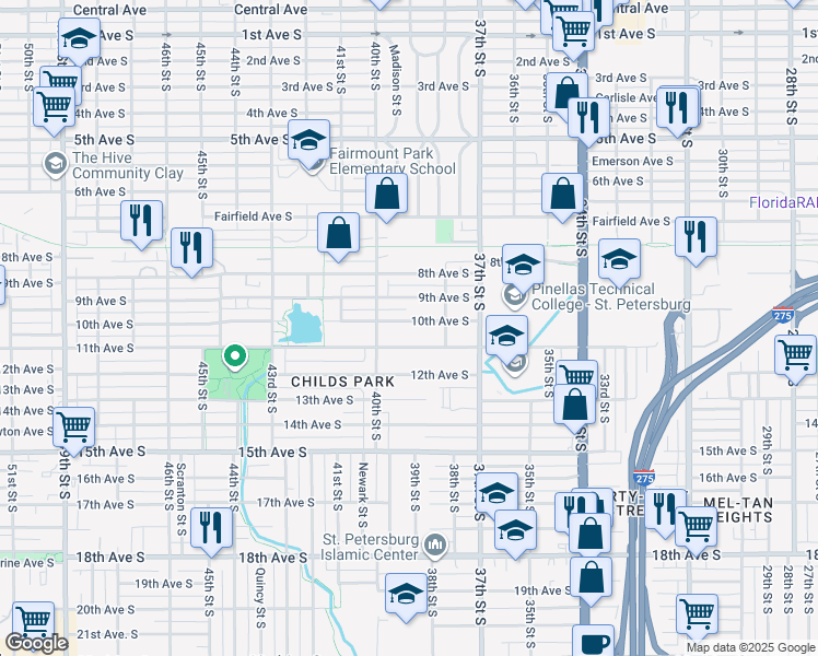 map of restaurants, bars, coffee shops, grocery stores, and more near 3906 10th Avenue South in St. Petersburg