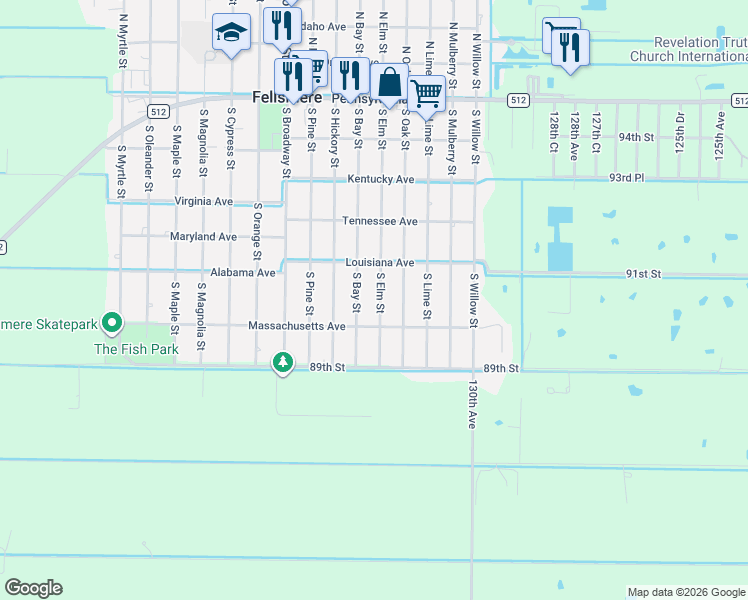 map of restaurants, bars, coffee shops, grocery stores, and more near 185 South Bay Street in Fellsmere