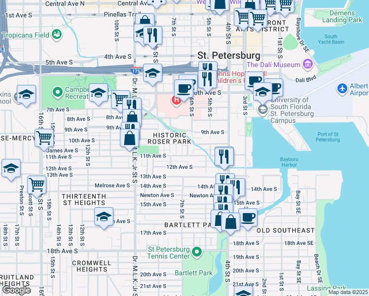 map of restaurants, bars, coffee shops, grocery stores, and more near 615 10th Avenue South in St. Petersburg