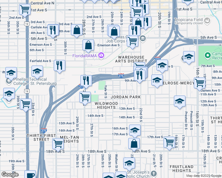 map of restaurants, bars, coffee shops, grocery stores, and more near 2550 Irving Avenue South in St. Petersburg