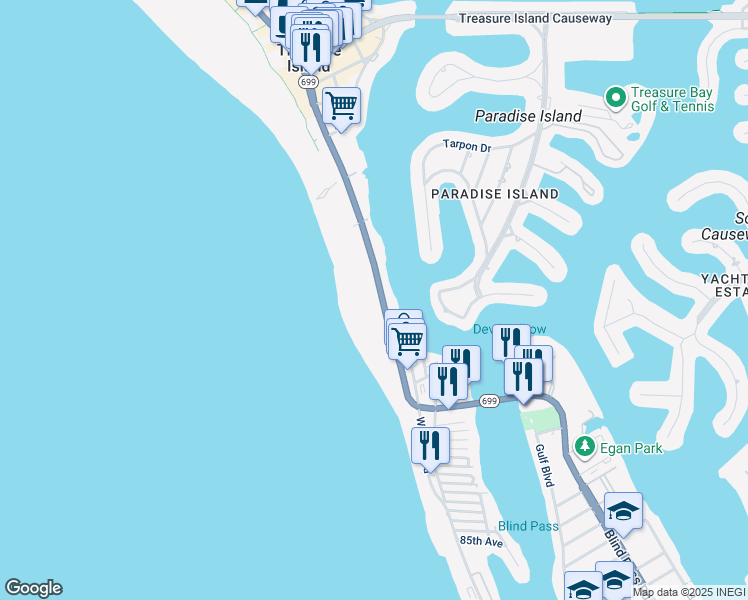 map of restaurants, bars, coffee shops, grocery stores, and more near 10063 Gulf Boulevard in Treasure Island