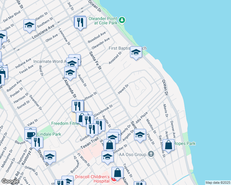 map of restaurants, bars, coffee shops, grocery stores, and more near 3120 Santa Fe Street in Corpus Christi