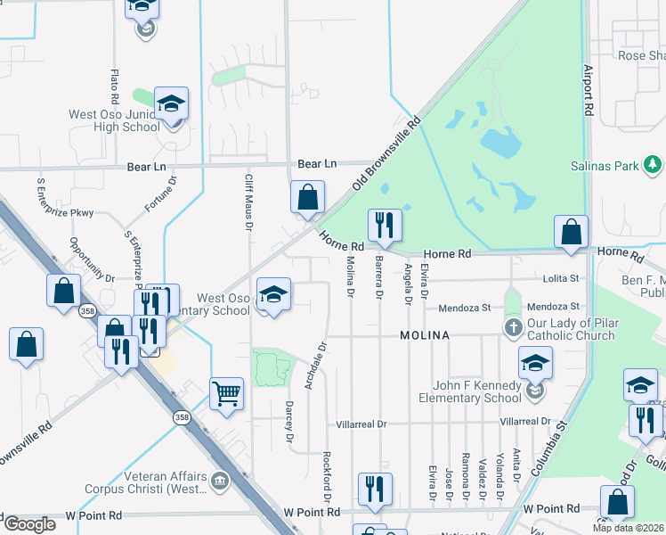 map of restaurants, bars, coffee shops, grocery stores, and more near 1054 Golden Gate Circle in Corpus Christi