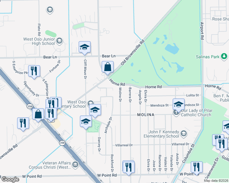 map of restaurants, bars, coffee shops, grocery stores, and more near 1054 Golden Gate Circle in Corpus Christi