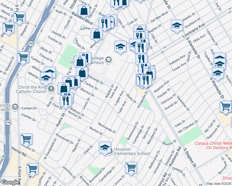 map of restaurants, bars, coffee shops, grocery stores, and more near 1217 York Avenue in Corpus Christi