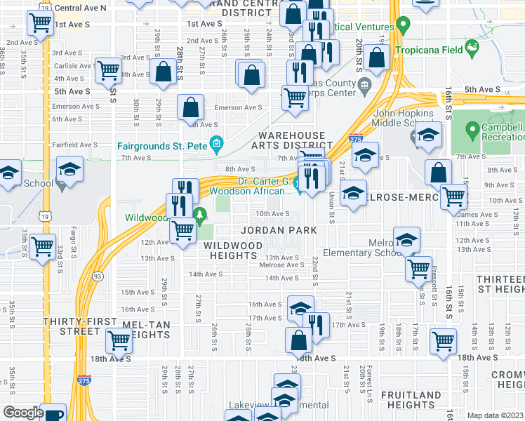 map of restaurants, bars, coffee shops, grocery stores, and more near 2427 Irving Avenue South in St. Petersburg