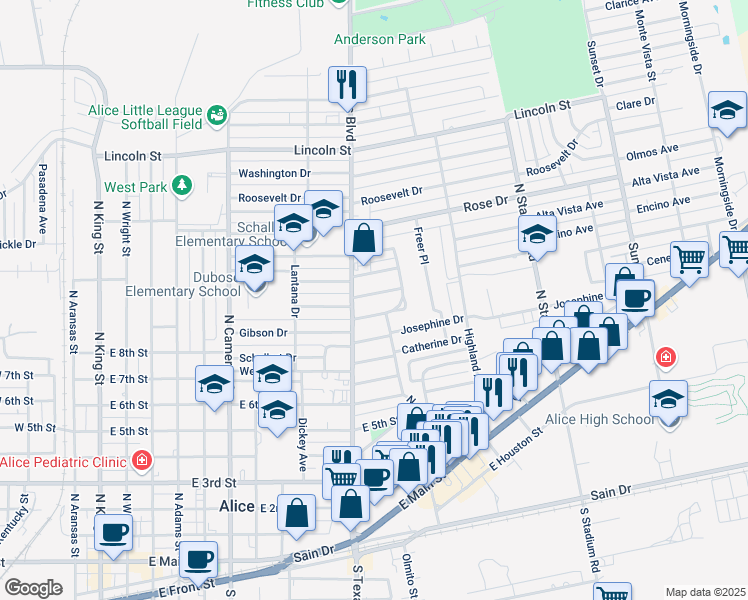 map of restaurants, bars, coffee shops, grocery stores, and more near 1115 Rose Ann Drive in Alice