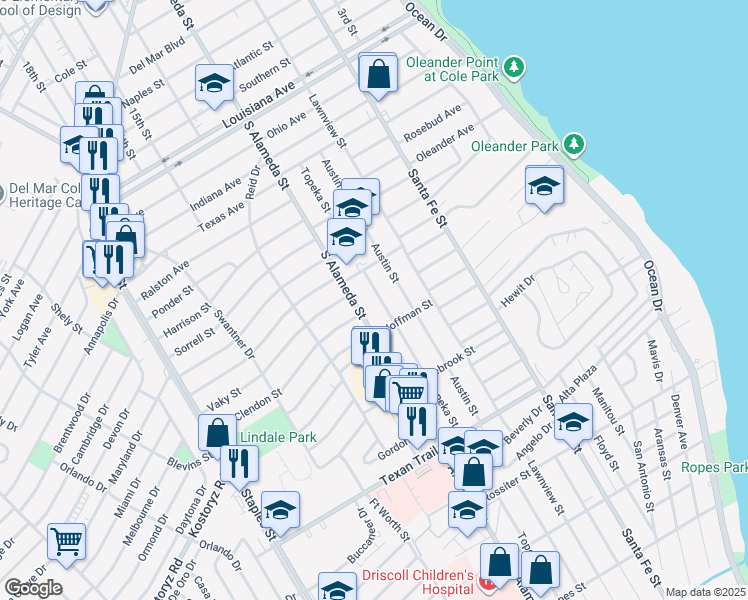 map of restaurants, bars, coffee shops, grocery stores, and more near 3025 Topeka Street in Corpus Christi