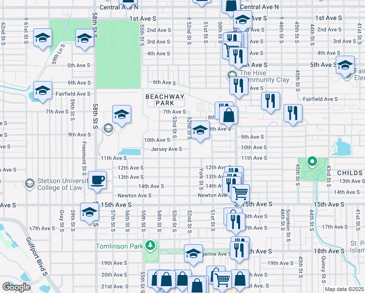 map of restaurants, bars, coffee shops, grocery stores, and more near 5211 Jersey Avenue South in Gulfport