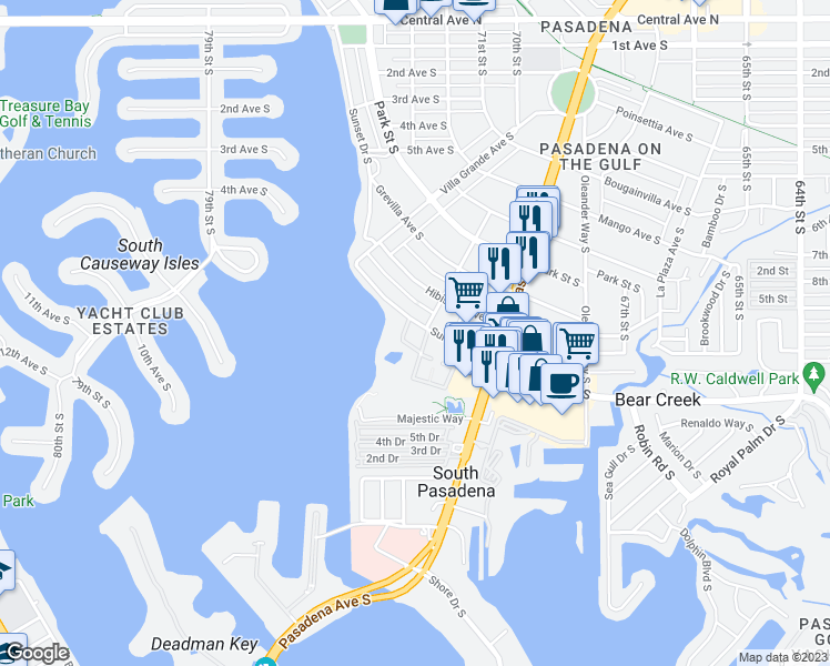 map of restaurants, bars, coffee shops, grocery stores, and more near 6983 Sunset Drive South in South Pasadena
