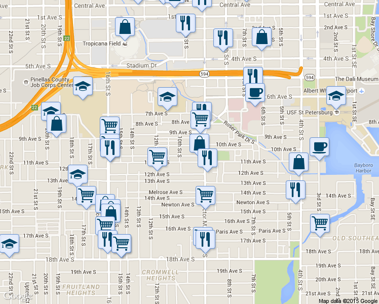 map of restaurants, bars, coffee shops, grocery stores, and more near 964 10th Avenue South in St. Petersburg