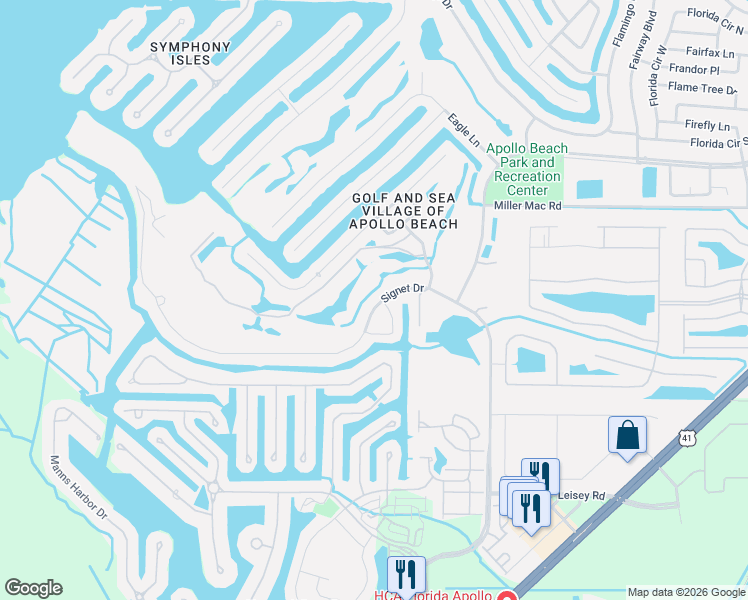 map of restaurants, bars, coffee shops, grocery stores, and more near 899 Signet Drive in Apollo Beach