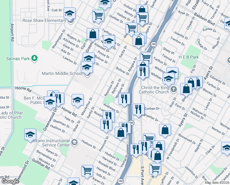 map of restaurants, bars, coffee shops, grocery stores, and more near 3746 Bertram Street in Corpus Christi