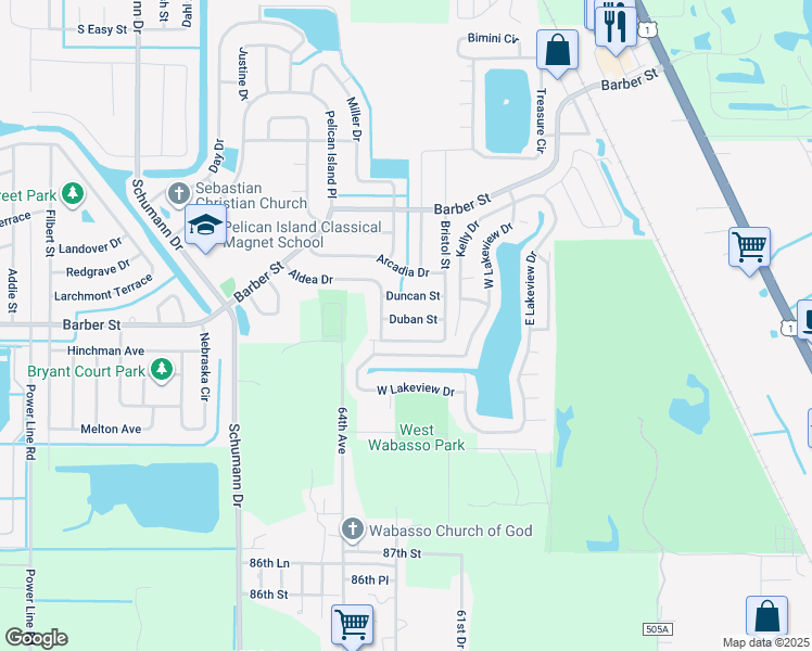 map of restaurants, bars, coffee shops, grocery stores, and more near 111 Duban Street in Sebastian